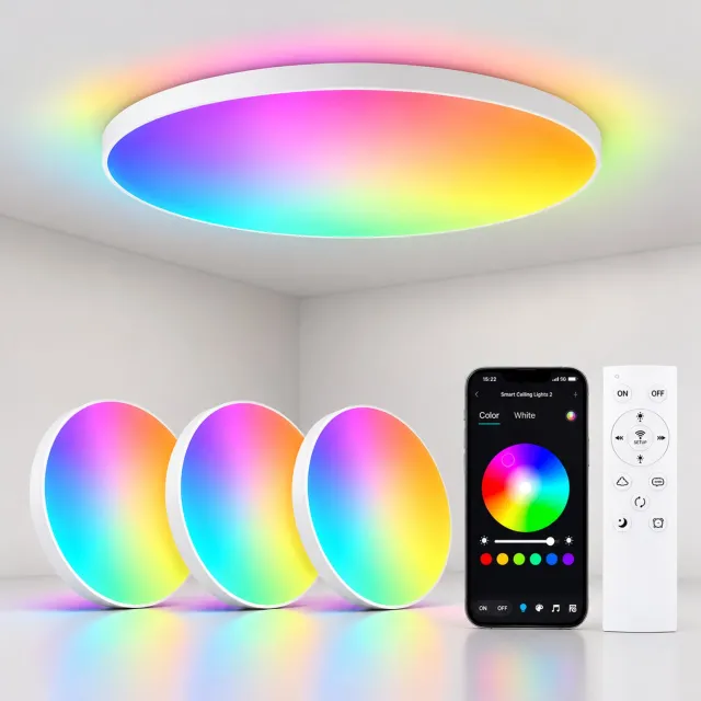 LOVHAUS 3x LED Plafondlamp Wit Ø30 cm – 24W – RGB – Dimbaar – Met Afstandsbediening & App