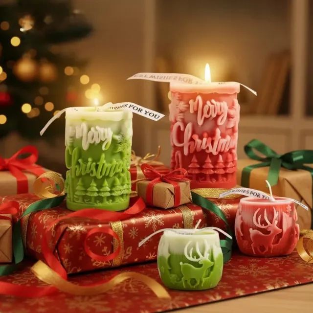 CNL Sight kerst Geurkaarsen (Set van 4 ) – Handgemaakt – Sojawas Mix – 3D Kerst Ontwerp – Olijfgroen & Rood Gradiënt – kerstcadeau- Fris & Subtiel Aroma