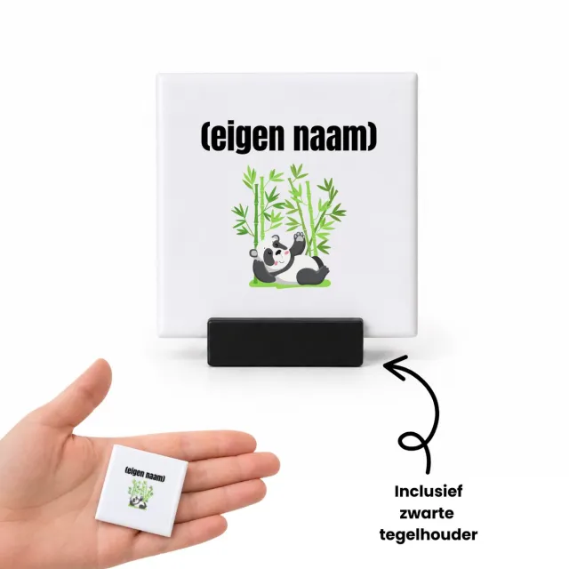 Hacebo liggende panda en bamboe met eigen naam tegeltje met tegelhouder - Panda - panda liefhebbers - tegeltjes met tekst - iemand die houdt van panda's - verjaardag - cadeau - kado - spreuktegels - 4.8x4.8 CM Wit