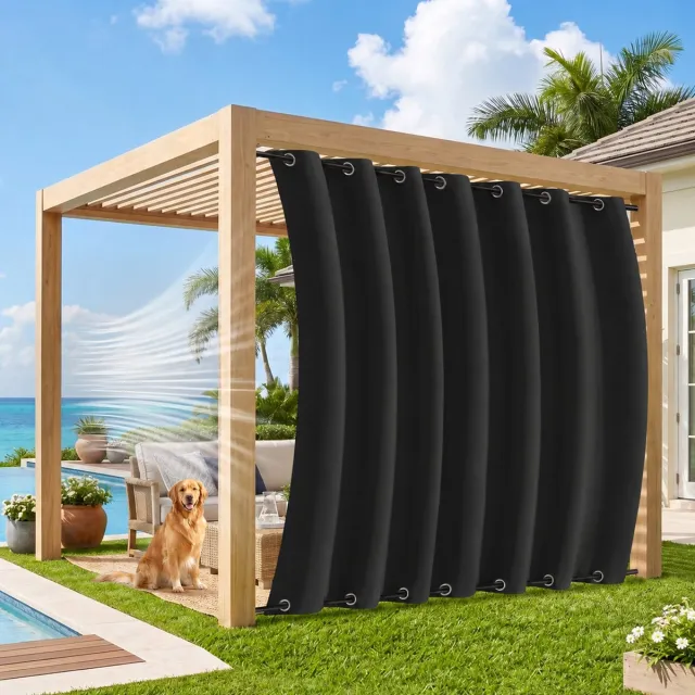 MUPOO Extra Brede Buitengordijnen Waterdicht & Windbestendig 254cm - Met Dubbele Bevestiging Boven en Onder - Verduisterend & UV Werend - Outdoor Gordijnen voor Overkapping, Balkon & Tuin - 254x213 cm - Zwart - 1 Stuk (Rideau Extérieur Imperméable) Zwart-1 stuck