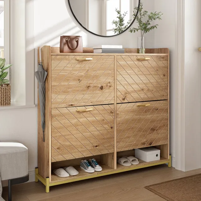 MIVRAY Schoenenkast - Ruimtebesparend Met 4 Klepdeuren - Voor Hal En Gang - MDF In Houtkleur - 108,5x24x100 Cm
