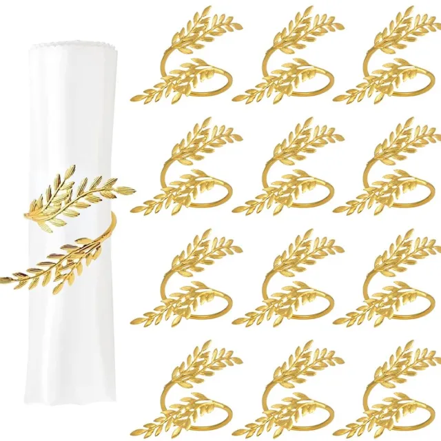 longziming 12 stuks gouden servetringen – Metalen servet houders met bladontwerp, elegante tafeldecoratie voor bruiloften, kerst, diners en familiefeesten