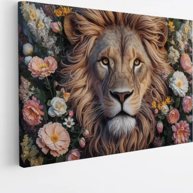 Saammp Canvas Schilderij - Abstracte Leeuw tussen de bloemen - Dieren - Natuur - 45x30 - Foto op canvas - Wanddecoratie - Muurdecoratie Woonkamer - Slaapkamer decoratie - Canvas Print Multicolor