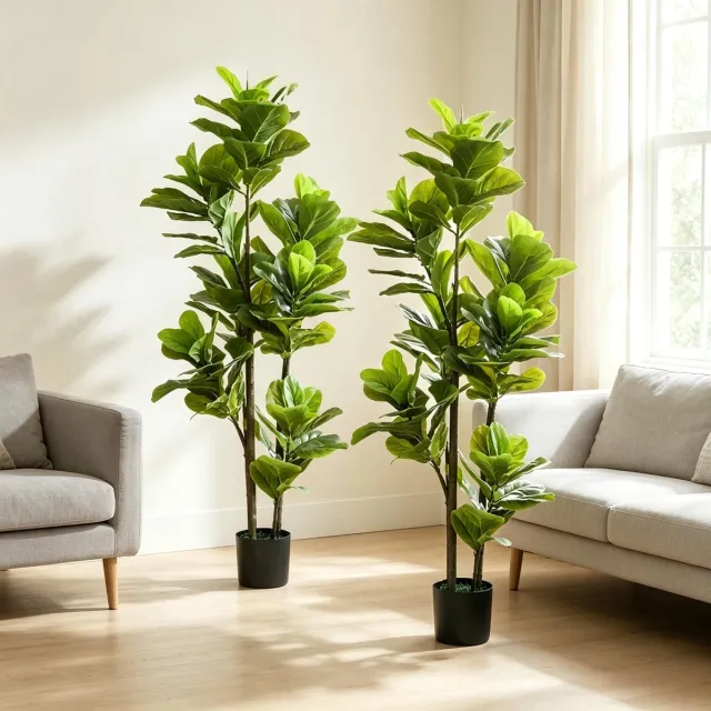 MODENUIT Kunstplant Ficus – Set Van 2 – 150 Cm – PEVA, PP En Metaal – Groen – Voor Binnen – Met Cementen Pot