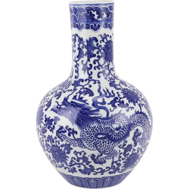 Fine Asianliving Chinese Vaas Blauw Wit Porselein Draak D22xH34cm Blauw, Wit