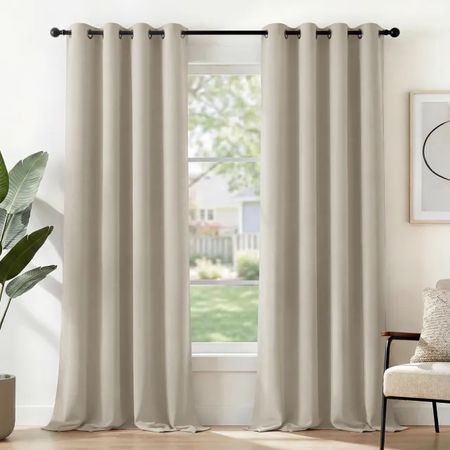 Famanu Verduisterende gordijnen set van 2 stuks, 140 x 240 cm, lichtbeige, voor optimale lichtbescherming en geluidsisolatie, eenvoudig te onderhouden, ideaal voor een gezonder woonklimaat