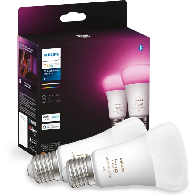 Philips Hue Slimme Lichtbron E27 Duopack - wit en gekleurd licht - 6.5W - Bluetooth - 2 Stuks