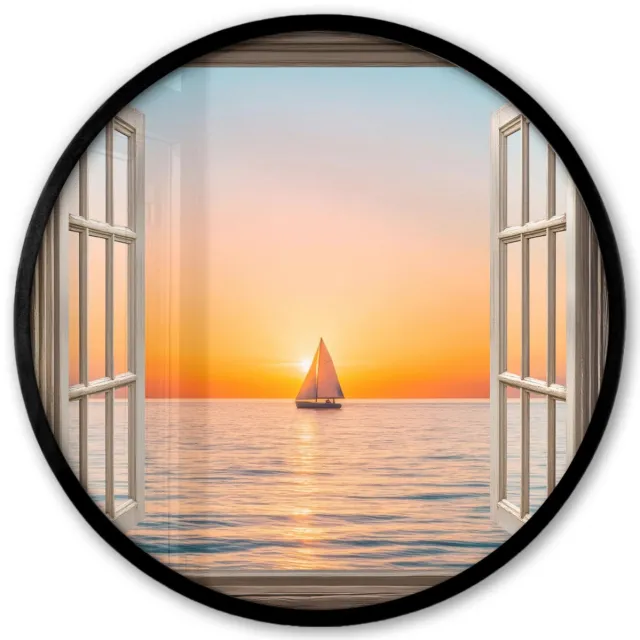 FrameYourWall Poster in lijst Rond - Fotolijst 40x40 cm - Posters - Doorkijk - Zee - Boot - Zonsondergang - Ronde posterlijst zwart - Decoratie - Wanddecoratie woonkamer - Muurdecoratie slaapkamer Zonsondergang - Boot