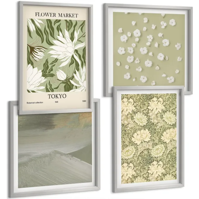 TULUP 4-Delige Schilderij Set - Plantenpatronen en abstracties in boho-stijl - 40 x 40 cm en 40 x 60 cm - Muurdecoratie - Interieur Decoratie - Stijlvolle Muurdecoratie Zilveren lijst