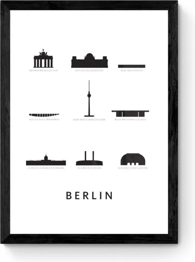 Kunst in Kaart Berlin - Architectuur Poster - Ingelijst Zwart, Wit
