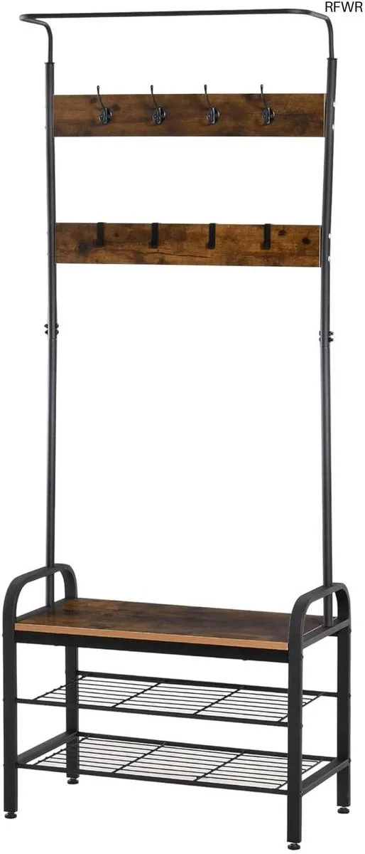 RFWR Kapstok industriële stijl met haken, kledingstang en schoenenrek voor entree en hal Zwart