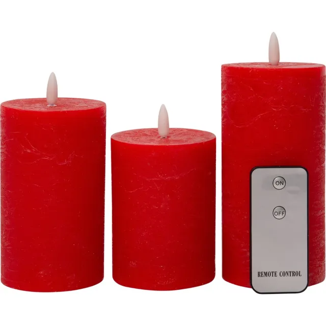 Anna's Collection 3St Rood Kaars Wax Rustiek 3D Lont 7,5X10/12,5/15Cm Afstandsbedieni... Rood rustiek