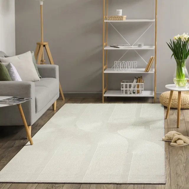 the carpet Lima – modern vloerkleed, duurzaam & onderhoudsvriendelijk, wasbaar, gerecycled polyester, 3D-patroon, crème, 120 x 170 cm crème met gebogen 3D-lijnen