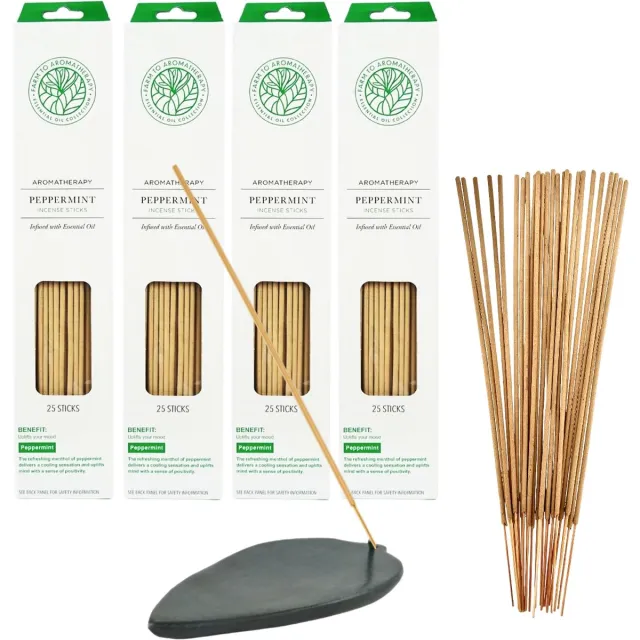 Farm to aromatherapy Wierook Aromatherapy Peppermint 100 stokjes incl. Speksteen Wierookhouder Multikleur