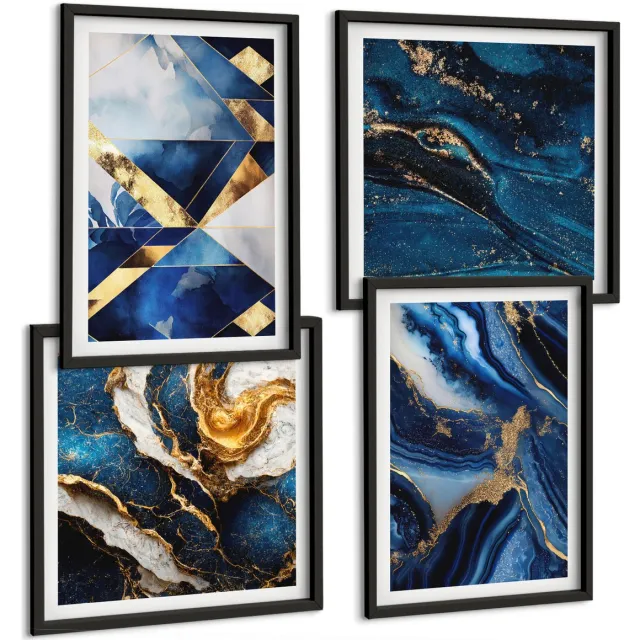 Coloray 4-Delige Schilderij Set - Abstracte, Elegante Patronen Met Accenten - 40 x 40 cm En 40 x 60 cm - Muurdecoratie - Wanddecoratie - Slaapkamer Zwarte lijst