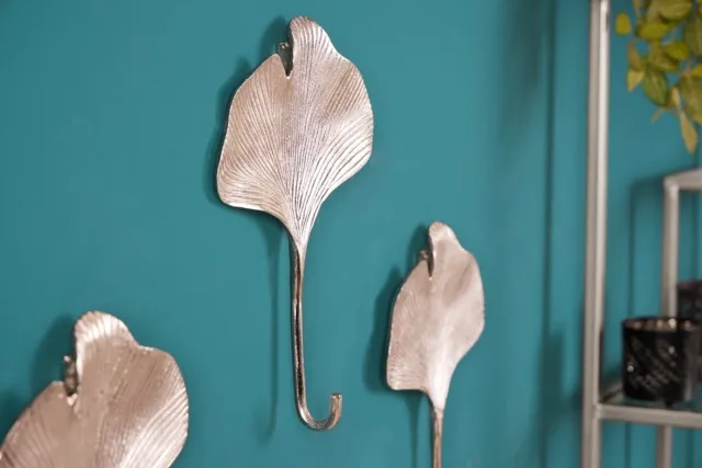 Invicta Interior Decoratieve kapstokhaak set van 3 GINKGO 30cm zilver handgemaakt metaal - 41784 Zie omschrijving