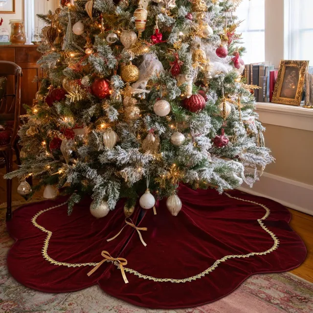 Flintry Rode kerstboomrok - 36 inch - Fluweel - Geschulpte rand - Goudkleurige kantafwerking - Strik & kunstbont - Vintage design - Kerstdecoratie Rood-36INCH