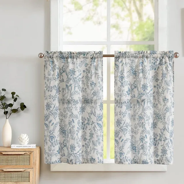 Ibenzoa Gordijnset Blauw Bloemprint - 2 Panelen - Lichtdoorlatend Stoffering