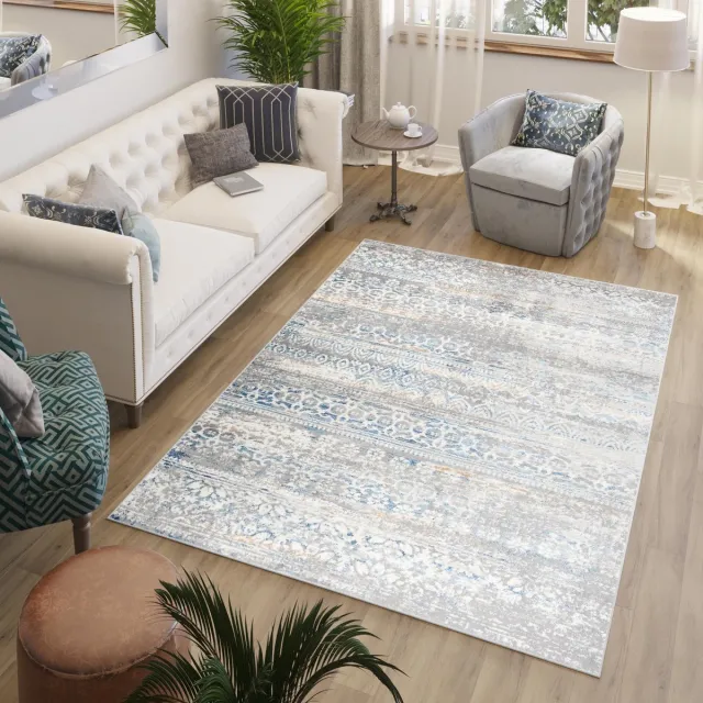 Tapiso Valley Vloerkleed Vintage Blauw Grijs Woonkamer Tapijt Maat- 80x150 Beige Blauw1