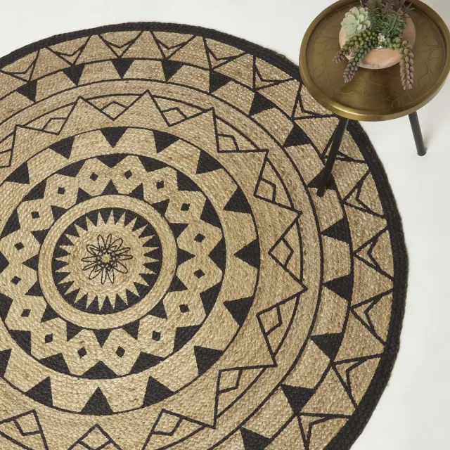 Homescapes rond vloerkleed Mandala 150 cm - gevlochten jute vloerkleed, zwart-naturel Zwart-Natuurlijk
