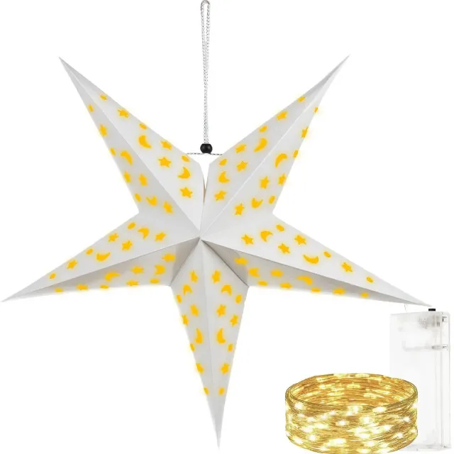 Ruhhy 3D LED-ster 60 cm - Witte hangende decoratiester met maan- en sterrenmotief en lichtsnoer