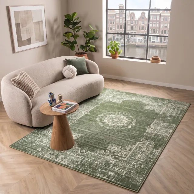 flycarpets Antico Vintage Vloerkleed - Groen - Laagpolig Tapijt Woonkamer - 160x230 cm