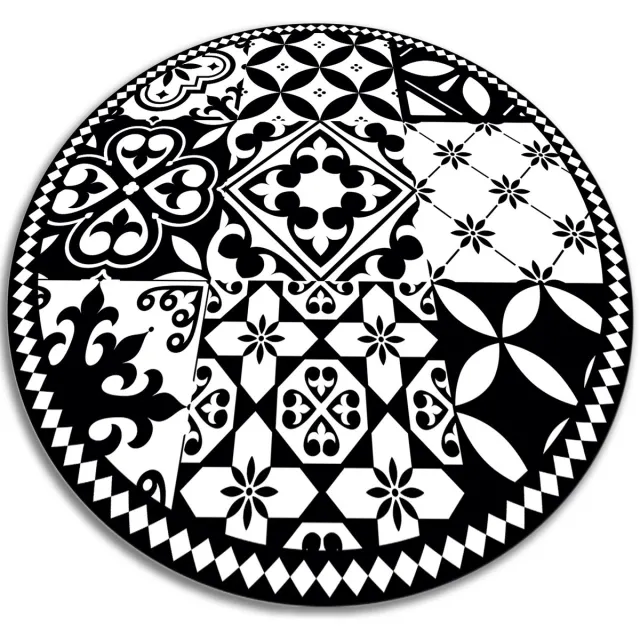 TULUP Vinyl Tapijt - Portugees patroon Vloerkleed Vinyl - 50 cm - Zwart PVC Tapijt - Ronde Tapijt Vinyl - Keukentapijt - Slaapkamertapijt Zwart Portugees patroon