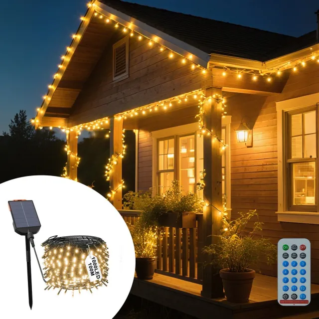 LZQ Solar LED Lichtenketting 100m 1000LED Warmwit Buiten Met Afstandsbediening, 13 Modi, Timer & Opslagfunctie, IP44 Waterdicht, Solar Kerstverlichting Voor Tuin, Huwelijk, Kerstmis