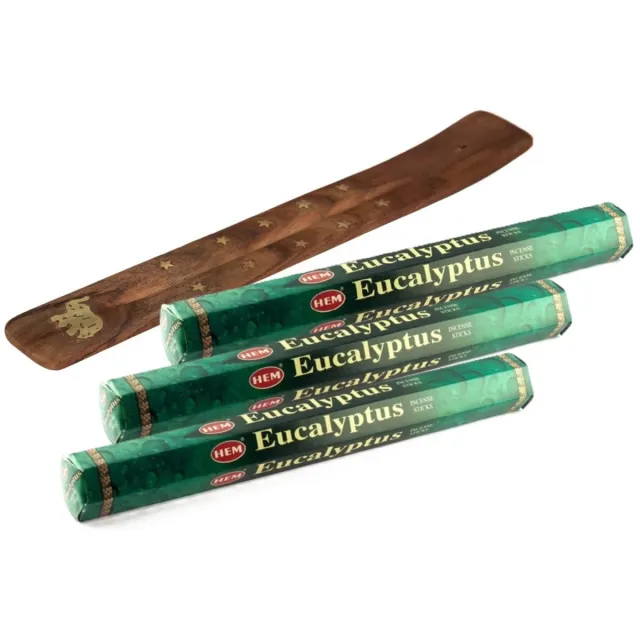 HEM Wierook stokjes in Eucalyptus geur - pak van 60x stokjes - 25 cm - met houder/plankje - huisgeuren Mahonie bruin