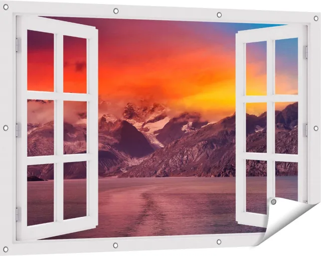 Gards Tuinposter Doorkijk Meer bij de Bergen bij Zonsondergang - 120x80 cm - Tuindoek - Tuindecoratie - Wanddecoratie buiten - Tuinschilderij Wit