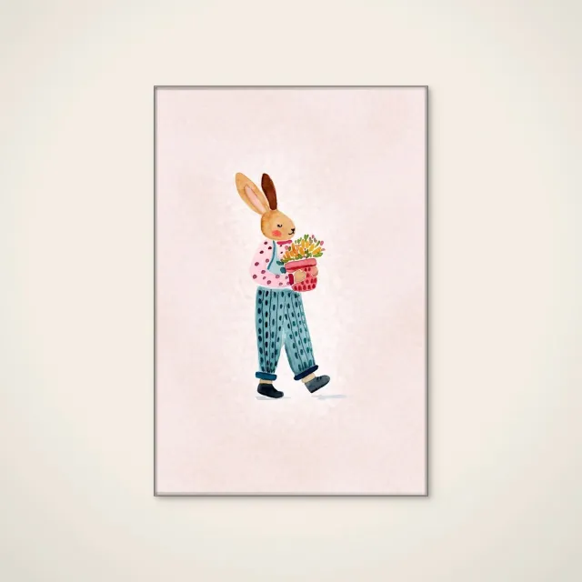 HelloWalls Akoestisch schilderij - 80 x 120 cm - Whimsical Bunny with Flowers van Abigail Morales - Abstracte wanddecoratie - zilver textielframe Meerkleurig