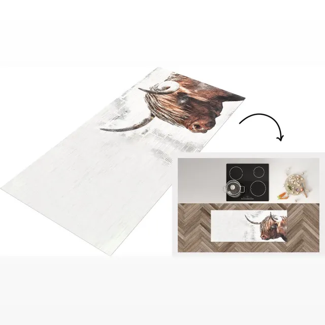 KitchenYeah Keukenloper - Loper keuken - Schotse hooglander - Koeien - Krantenpapier - Keukenloper vinyl Multicolor
