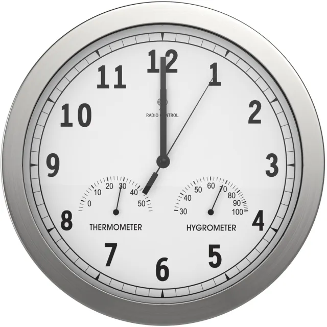 Bonvivo Timerider Wandklok met Radio, Nauwkeurig, Stil, voor Woonkamer/Keuken/Kantoor, Wandklok, Aluminium, met Geïntegreerde Thermometer en Hygrometer - 30,5 cm