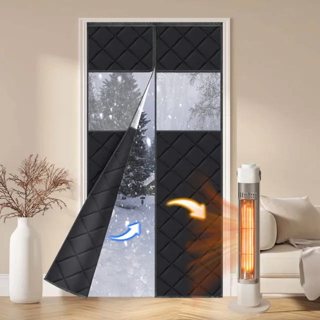 Qelus Warmtewerend Deurgordijn met Magnetische Sluiting - Dubbele deuren - Gewatteerd, Zelfklevend Gordijnen met Transparant Raam - Energiebesparend, Tochtwerend voor Huis en Woondecoratie (Zwart) Zwart-1