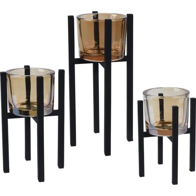 Home & Styling Theelichthouders - set 3x stuks - zwart - metaal/glas - Waxinelichthouders / theelichthouders