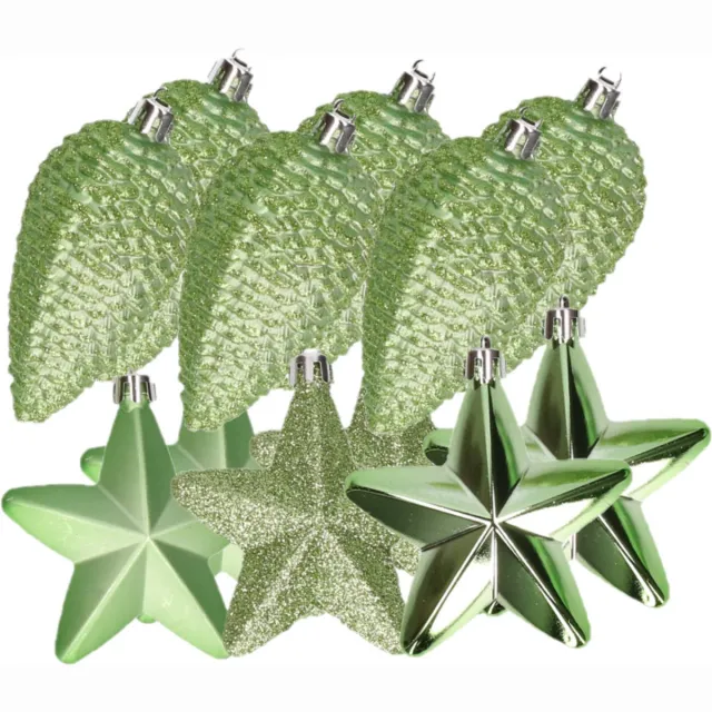 Decoris kerstornamenten kunststof - sterren en dennenappels - 12x stuks - groen