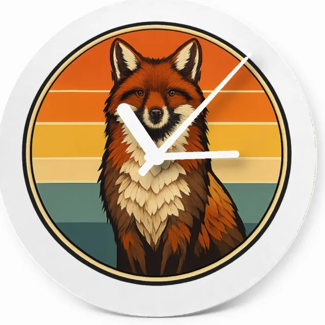 Mr Cadeautjes Glazen klok Ø 20 - design Een trotse vos op een ronde achtergrond met zonsondergangban | cadeau Wit
