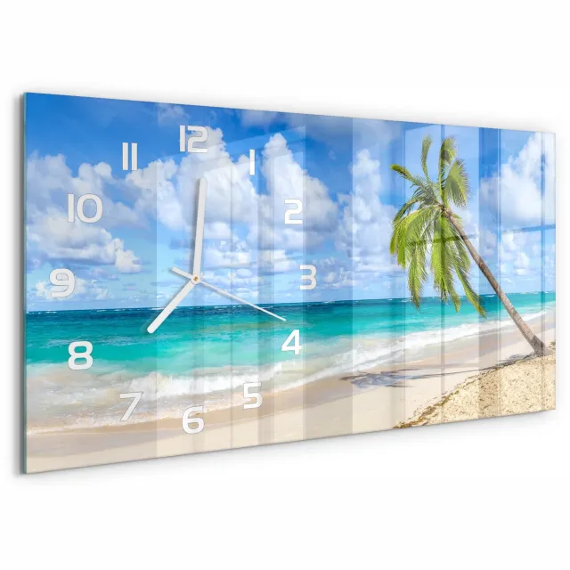 TULUP Wandklok - Tropisch strand Wandklok Glas Decoratie - 60x30 cm - Groente Gekleurde Glazen Klok - Witte handen - Rechthoekige Klok - Klok Glas Met Opdruk - Moderne Wandklok Glas