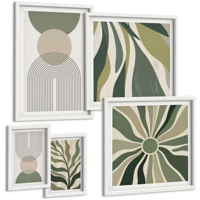 Coloray 5-Delige Schilderij Set - Stijlvolle Abstracties In Tinten Groen En Beige. - 50 x 50 cm, 20 x 30 cm En 40 x 60 cm - Decoratieve Muurdecoratie - Slaapkamer - Moderne Wanddecoratie Witte lijst
