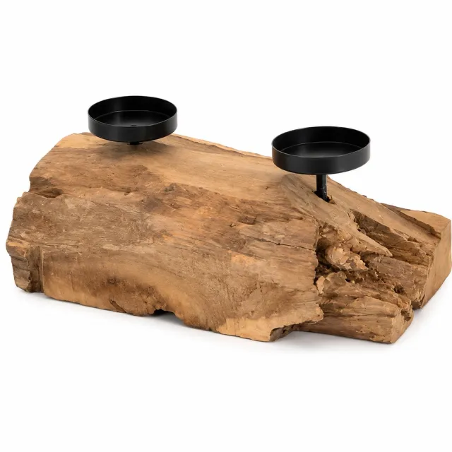 Dijk Natural Collections Woonyard Teakhouten Kaarsenhouder met 2 Kaarshouders - Natuurlijke Boomstam - Hout & Metaal - 28 x 18 x 12 cm - Landelijke Woondecoratie teak - Bruin - zwart