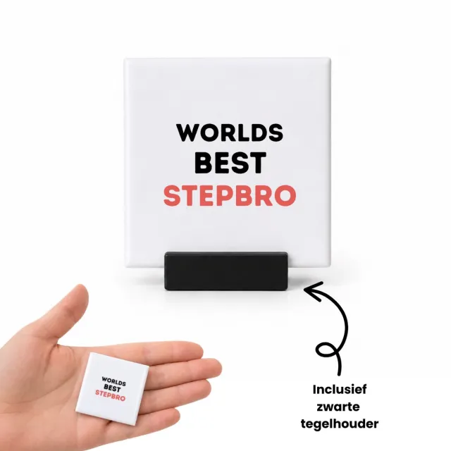 Hacebo worlds best stepbro tegeltje met tegelhouder - Broer - de beste stiefbroer - tegeltjes met tekst - verjaardagscadeau - verjaardag - cadeau - cadeautje voor broer - broer artikelen - kado - geschenk - gift - spreuktegels - 4.8x4.8 CM Wit