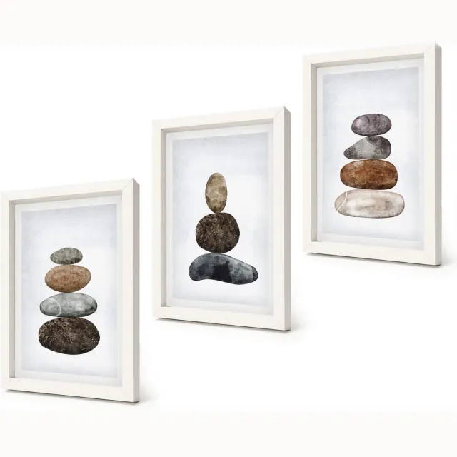 Coloray 3-Delige Schilderij Set - Minimalistisch boho-schilderij van steenstapels - 20x30 - Muurdecoratie - Decoratieve Schilderijen - Wohnzimmer - Wanddecoratie Witte lijst