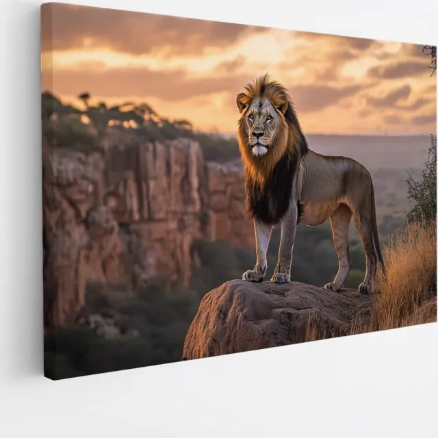 Saammp Canvas Schilderij - Leeuw op uitstekede rots - Dieren - Abstract - 40x30 - Foto op canvas - Wanddecoratie - Muurdecoratie Woonkamer - Slaapkamer decoratie - Canvas Print Multicolor