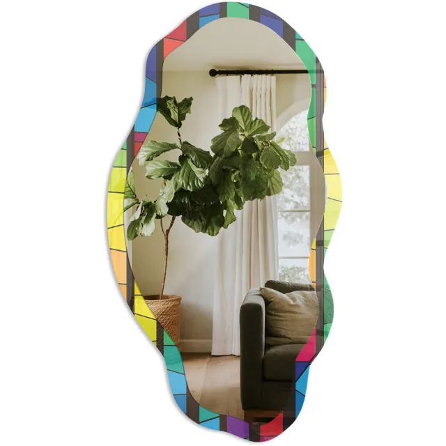 TULUP Kleurrijk Mozaïek Spiegel - Geel Rechthoekige Spiegel Voor Interieur - Organische Spiegel - Woonkamer, Kantoor, Hal - Geometrisch - 45x90 cm - Totale afmeting 52x97 cm Kleurrijk Mozaïekmotief, Geel