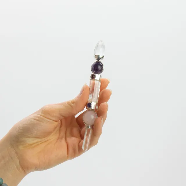 AW Gifts Axis of Grace Wand - Amethist & Rozenkwarts Bollen, Kwartssteel - 12 cm