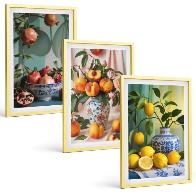TULUP 4-Delige Schilderij Set - Granaatappels, perziken en citroenen in vazen - 40 x 60 cm - Schilderijen Set - Wanddecoratie - Woonkamer - Decoratieve Schilderijen Gouden lijst
