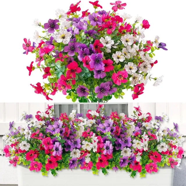 Flintry 6 bundels kunstbloemen voor buiten, UV-bestendig kekunstbloemenboeket, kleurrijke kunstmargriet met eucalyptusbladeren voor buiten, binnen, tuin, verandadecoratie (Wit + Roosrood + Paars) 6 stuks (Wit + Roosrood + Paars)