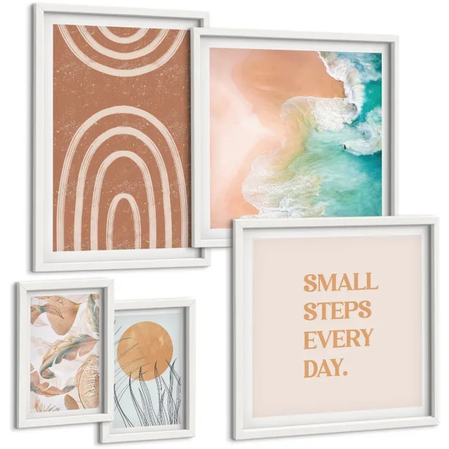 TULUP 4-Delige Schilderij Set - Stijlvolle decoraties met plant- en geometrische motieven. - 50 x 50 cm, 20 x 30 cm en 40 x 60 cm - Moderne Wanddecoratie - Slaapkamer - Decoratieve Schilderijen Witte lijst