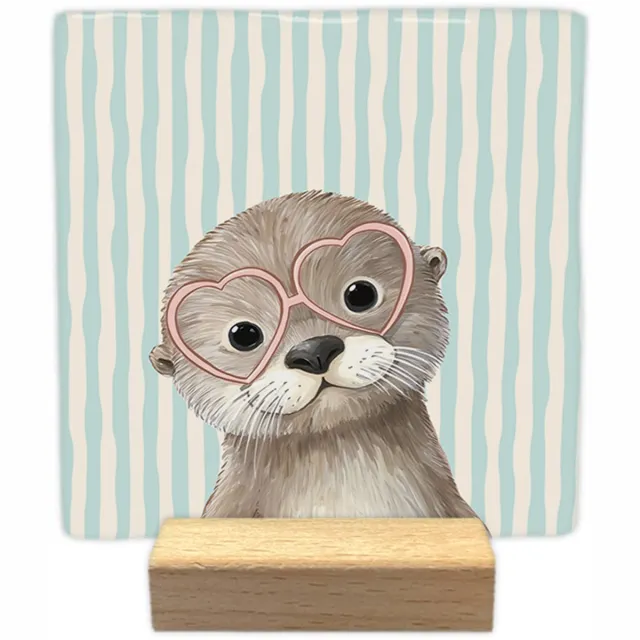 Artige Decoratie tegel - Kijkende otter - keramisch - 10x10 cm - inclusief houder Blauw
