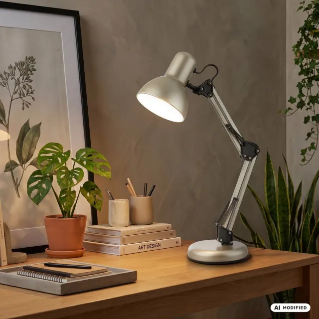 Briloner Pixa - Tafellamp - bureaulamp - zwenkbaar - kabelschakelaar - E14 fitting - max. 25 watt - Ø15.5 x 53 cm - satijn metallic